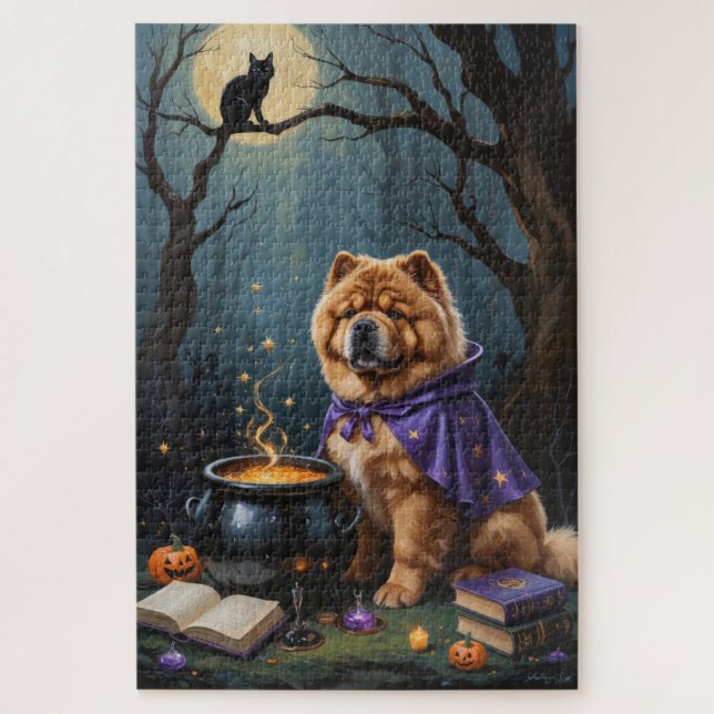 Puzzle Pintura caprichosa de Halloween con perro Chow Cho (Vertical)