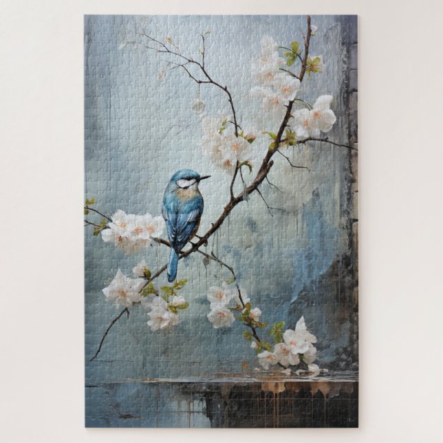 Puzzle Pintura china con aves azules y flores (Vertical)