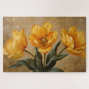 Puzzle Pintura de aceite botánico de tulipanes amarillos