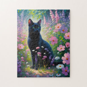 Puzzle Pintura de aceite de gato negro y flores silvestre