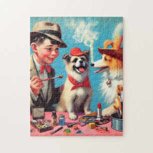 Puzzle Pintura de aceite retro Perros felices