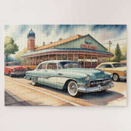 Puzzle Pintura de acuarela de coches y cenas de época