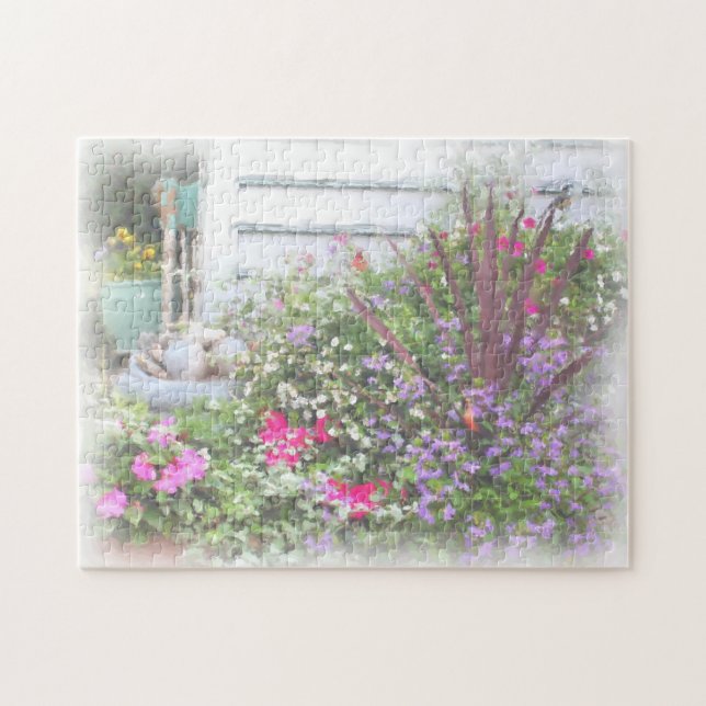 Puzzle Pintura de acuarela de jardín de flores trasero (Horizontal)