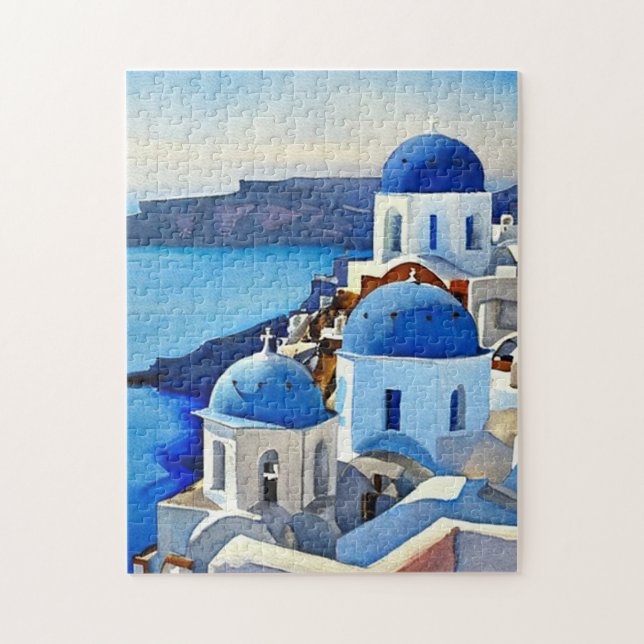 Puzzle Pintura de acuarela de Santorini Grecia (Vertical)