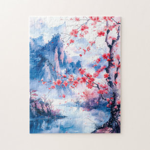 Puzzle Pintura de acuarela montaña china sakura