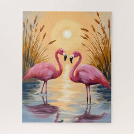 Puzzle Pintura de animales de flamencos rosados al atarde