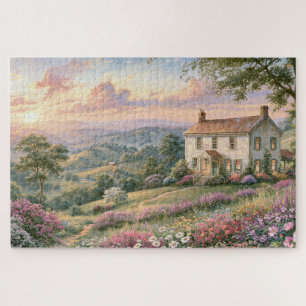 Puzzle Pintura de atardecer en la montaña con flores silv