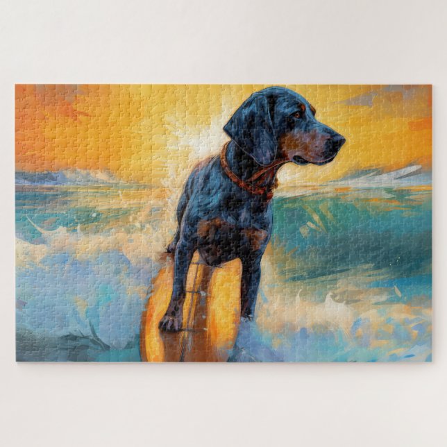 Puzzle Pintura de Bluetick Coonhound Beach Surfing (Horizontal)