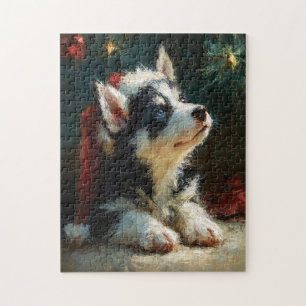 Puzzle Pintura de cachorro de Husky Siberiano en Navidad