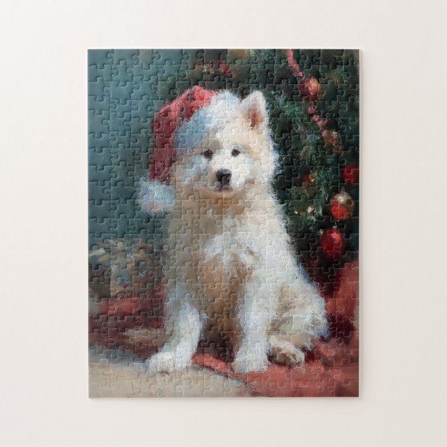 Puzzle Pintura de cachorro Samoyed en Navidad (Vertical)