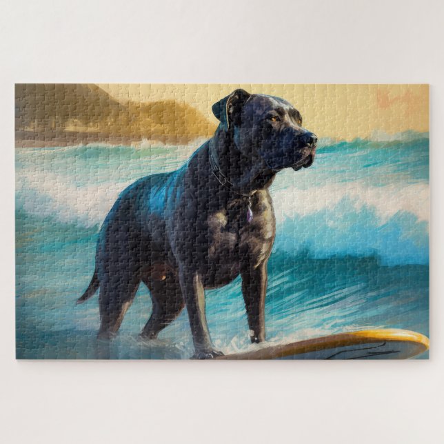 Puzzle Pintura de Cane Corso en la playa surfeando (Horizontal)