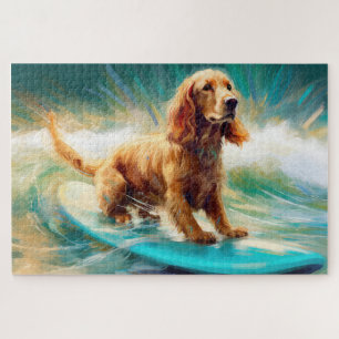 Puzzle Pintura de Cocker Spaniel haciendo surf en la play