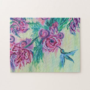 Puzzle Pintura de Colibrí Verde Púrpura
