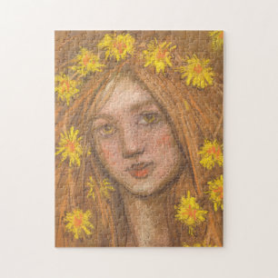 Puzzle Pintura de Dandelions Bloom, Blonde Chica y Flores