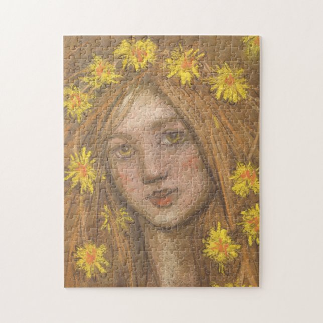 Puzzle Pintura de Dandelions Bloom, Blonde Chica y Flores (Vertical)