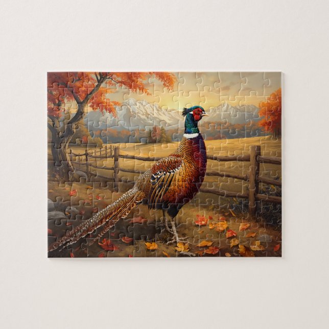 Puzzle Pintura de faisán otoño montaña atardecer (Horizontal)
