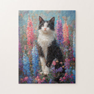 Puzzle Pintura de flores de lupa coloridas de un gato de 