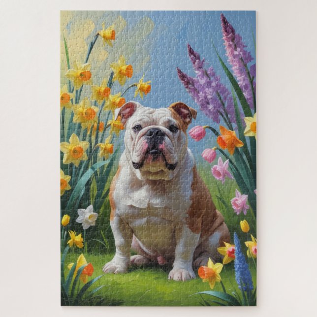 Puzzle Pintura de flores de primavera de bulldog (Vertical)