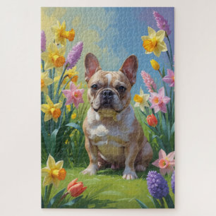Puzzle Pintura de flores de primavera de Bulldog Francés