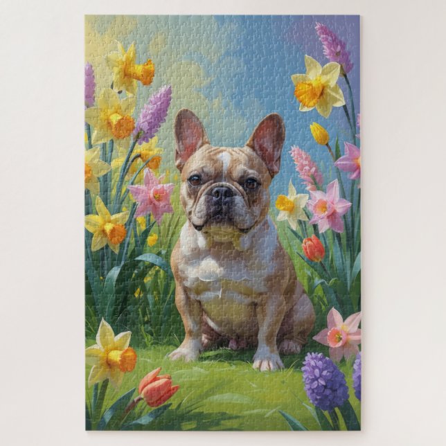 Puzzle Pintura de flores de primavera de Bulldog Francés (Vertical)