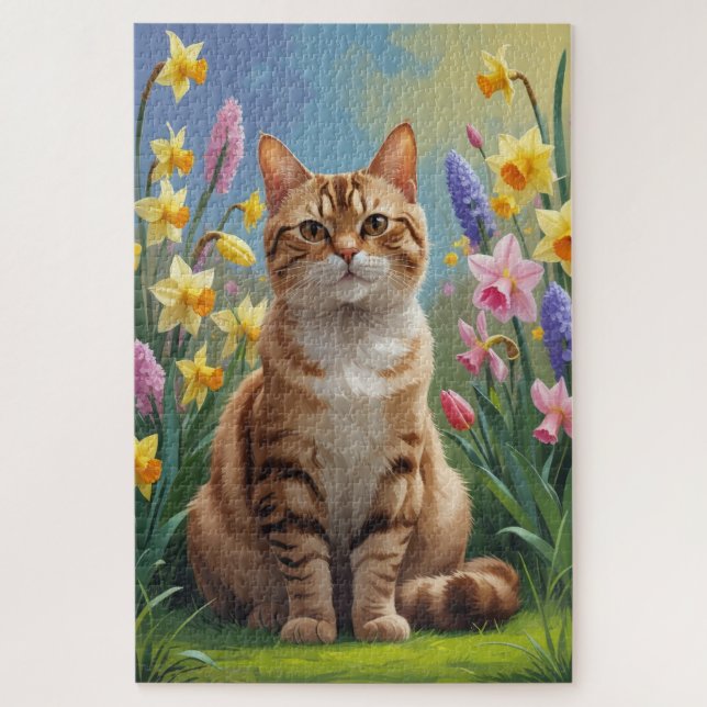 Puzzle Pintura de flores de primavera de gato Bengalí (Vertical)