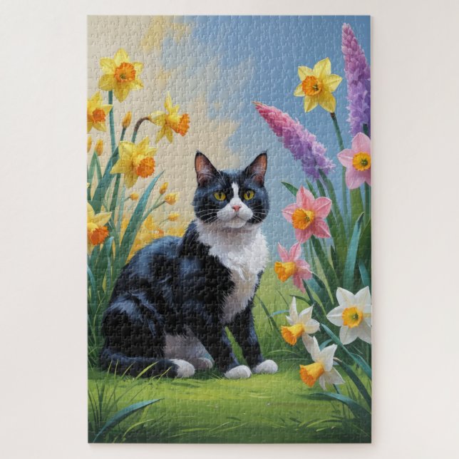 Puzzle Pintura de flores de primavera de gato esmoquin (Vertical)