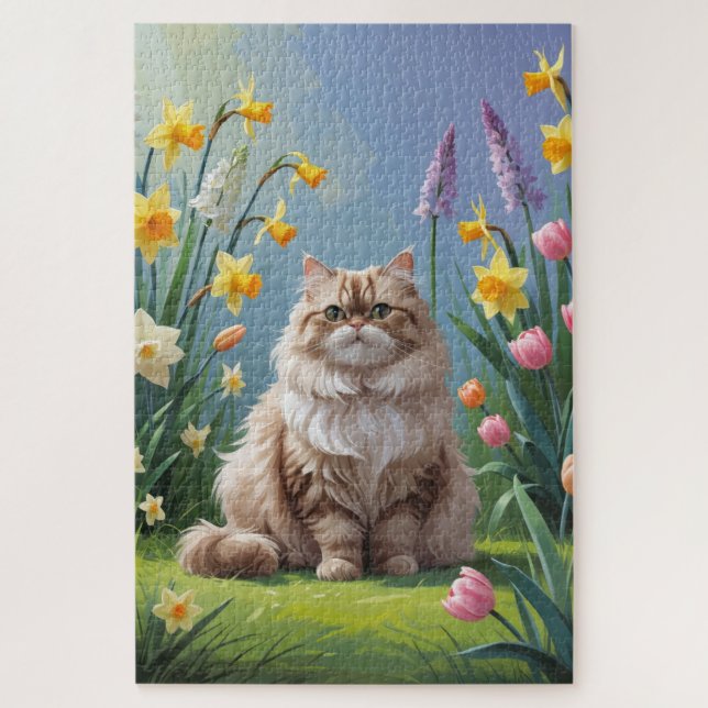 Puzzle Pintura de flores de primavera de gato persa (Vertical)