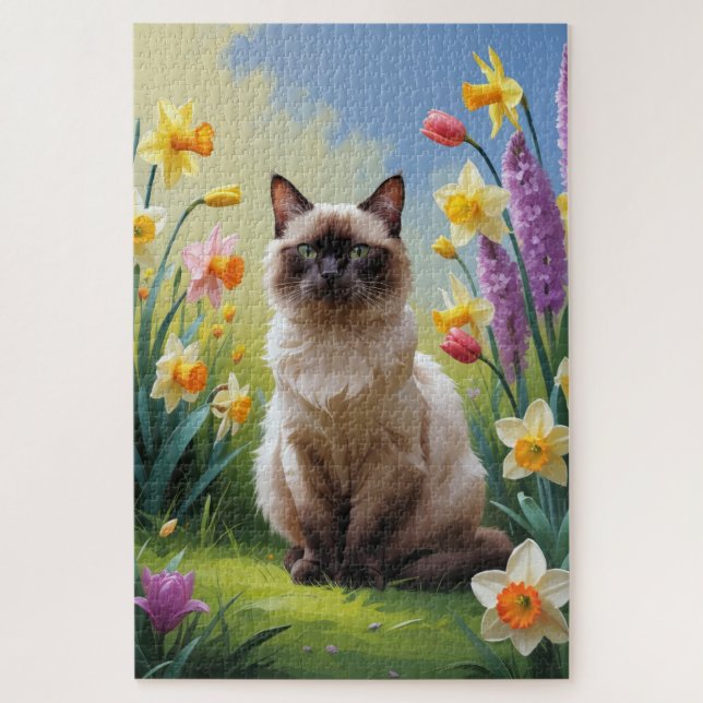 Puzzle Pintura de flores de primavera de gato siamés (Vertical)