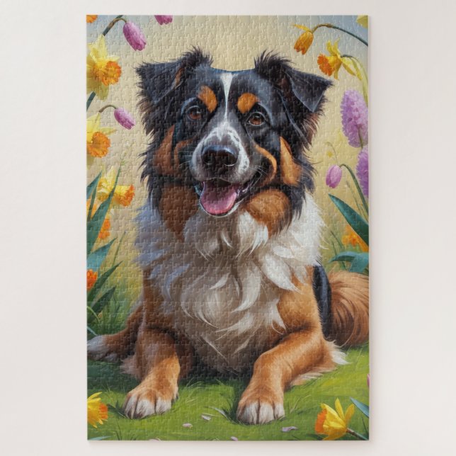 Puzzle Pintura de flores de primavera de pastor belga (Vertical)