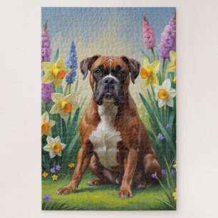 Puzzle Pintura de flores de primavera de perro boxer