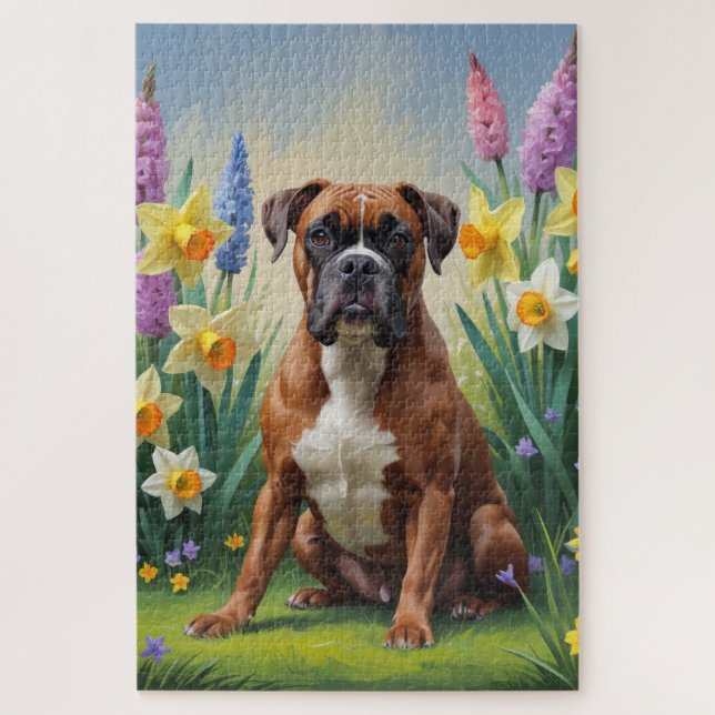 Puzzle Pintura de flores de primavera de perro boxer (Vertical)