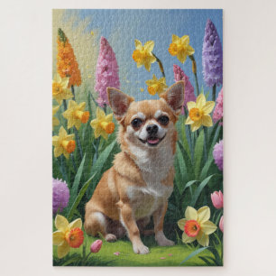 Puzzle Pintura de flores de primavera de perro Chihuahua