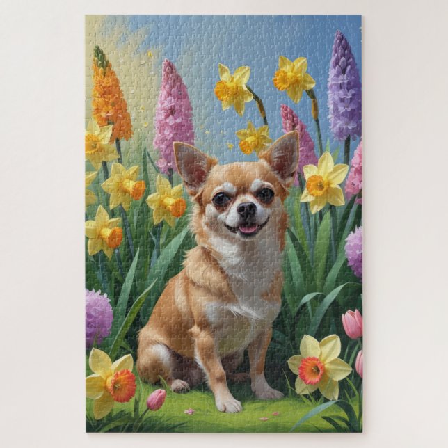Puzzle Pintura de flores de primavera de perro Chihuahua (Vertical)