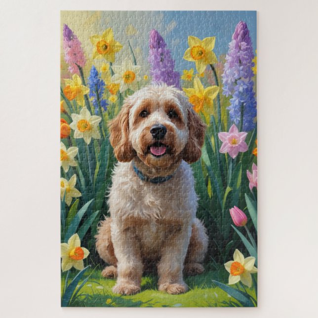 Puzzle Pintura de flores de primavera de perro de Cockapo (Vertical)