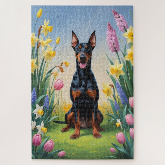 Puzzle Pintura de flores de primavera de perro de Doberma (Vertical)