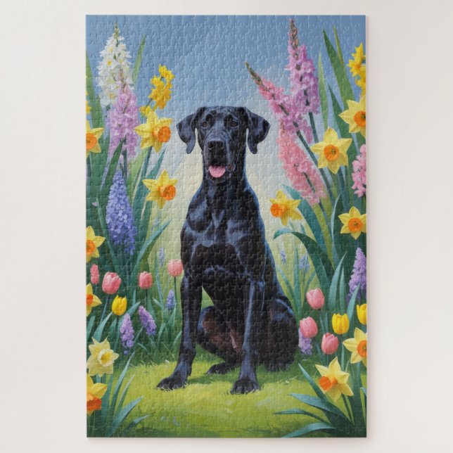 Puzzle Pintura de flores de primavera de perro Gran Danés (Vertical)