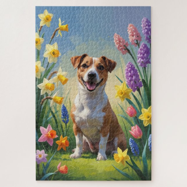 Puzzle Pintura de flores de primavera de perro Jack Russe (Vertical)