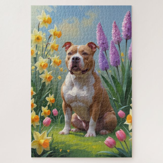Puzzle Pintura de flores de primavera de perro Pitbull (Vertical)