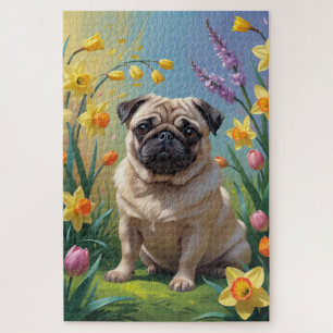 Puzzle Pintura de flores de primavera de perro Pug