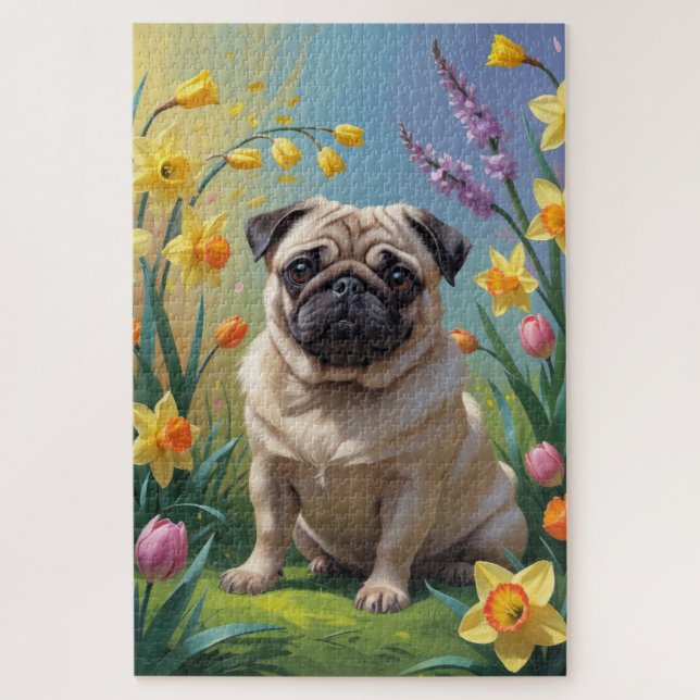 Puzzle Pintura de flores de primavera de perro Pug (Vertical)