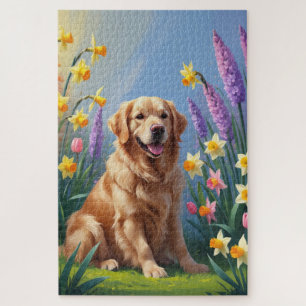 Puzzle Pintura de Flores de Primavera de Perro Retriever