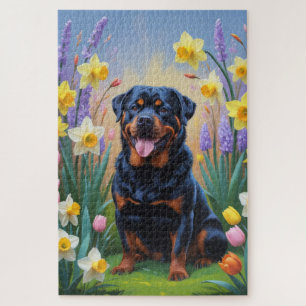 Puzzle Pintura de flores de primavera de perro Rottweiler