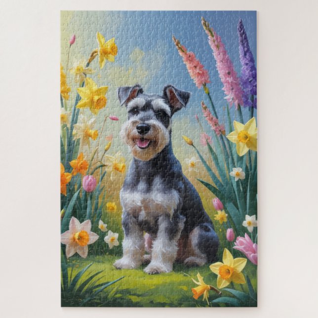 Puzzle Pintura de Flores de Primavera de Perro Schnauzer (Vertical)