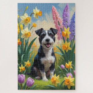 Puzzle Pintura de flores de primavera de perro terrier de