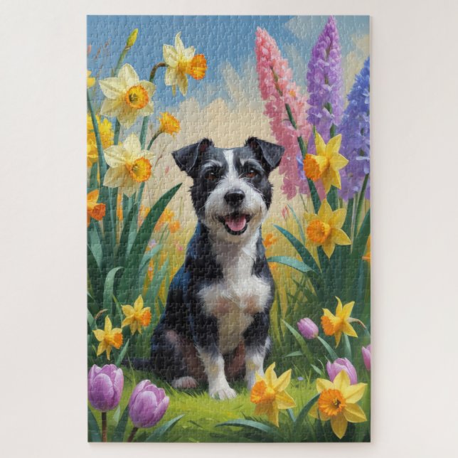Puzzle Pintura de flores de primavera de perro terrier de (Vertical)