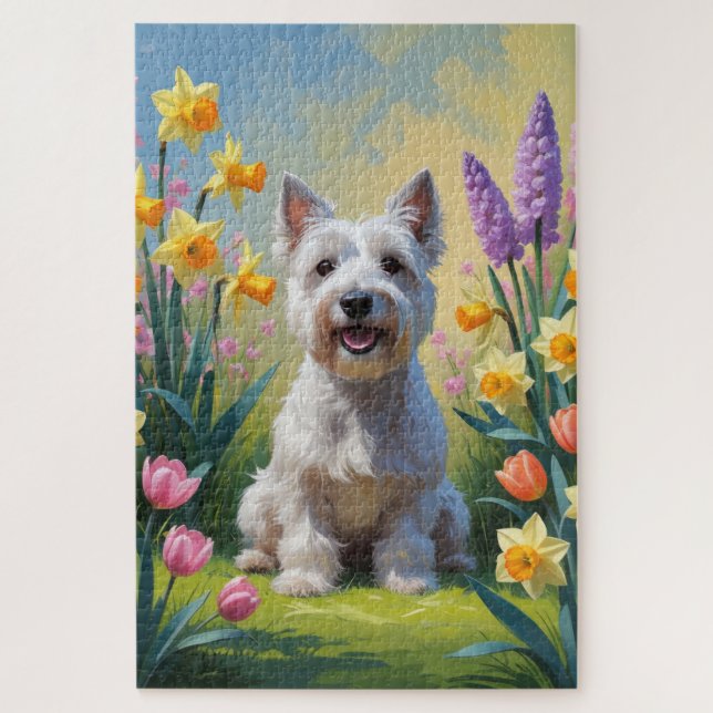 Puzzle Pintura de flores de primavera de perro terrier Sk (Vertical)
