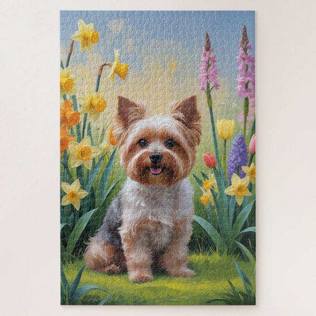Puzzle Pintura de flores de primavera de perro Yorkipoo (Vertical)