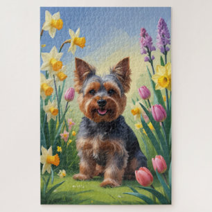 Puzzle Pintura de flores de primavera de perro Yorkshire