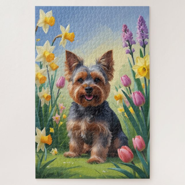 Puzzle Pintura de flores de primavera de perro Yorkshire  (Vertical)