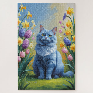 Puzzle Pintura de flores de primavera del gato azul ruso